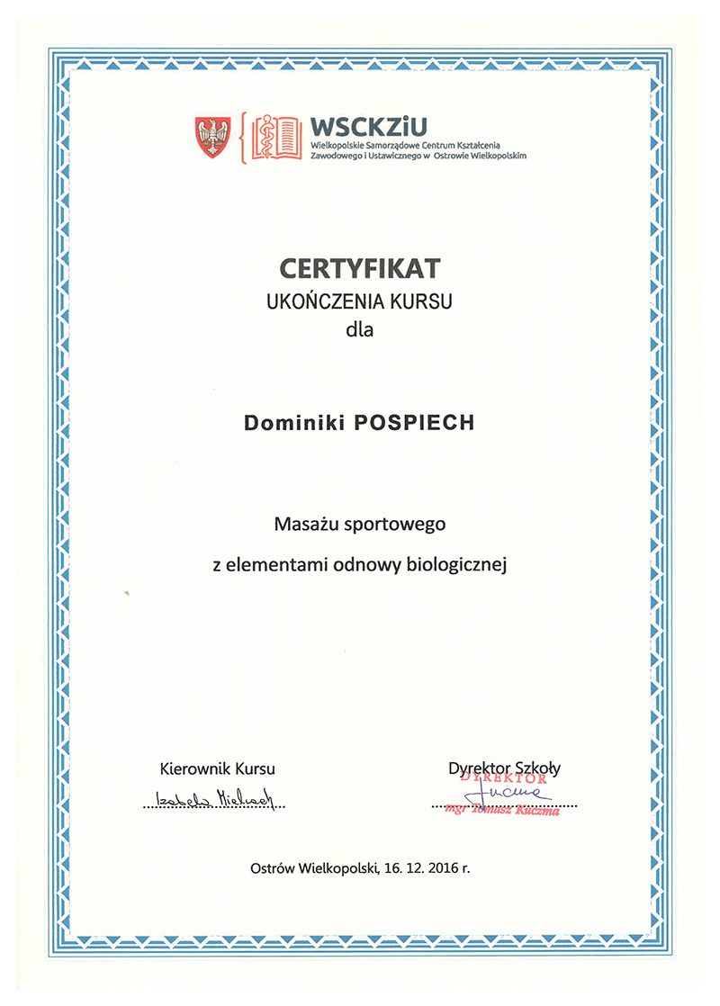 Dominika Pospiech - certyfikat