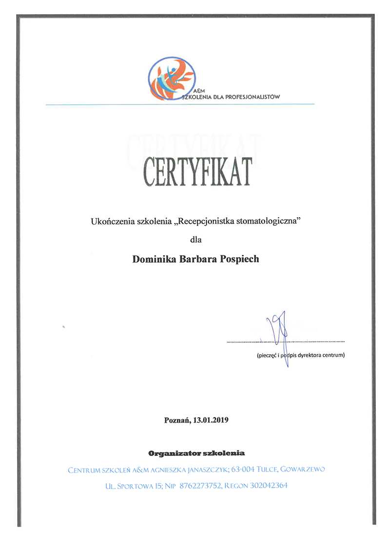 Dominika Pospiech - certyfikat