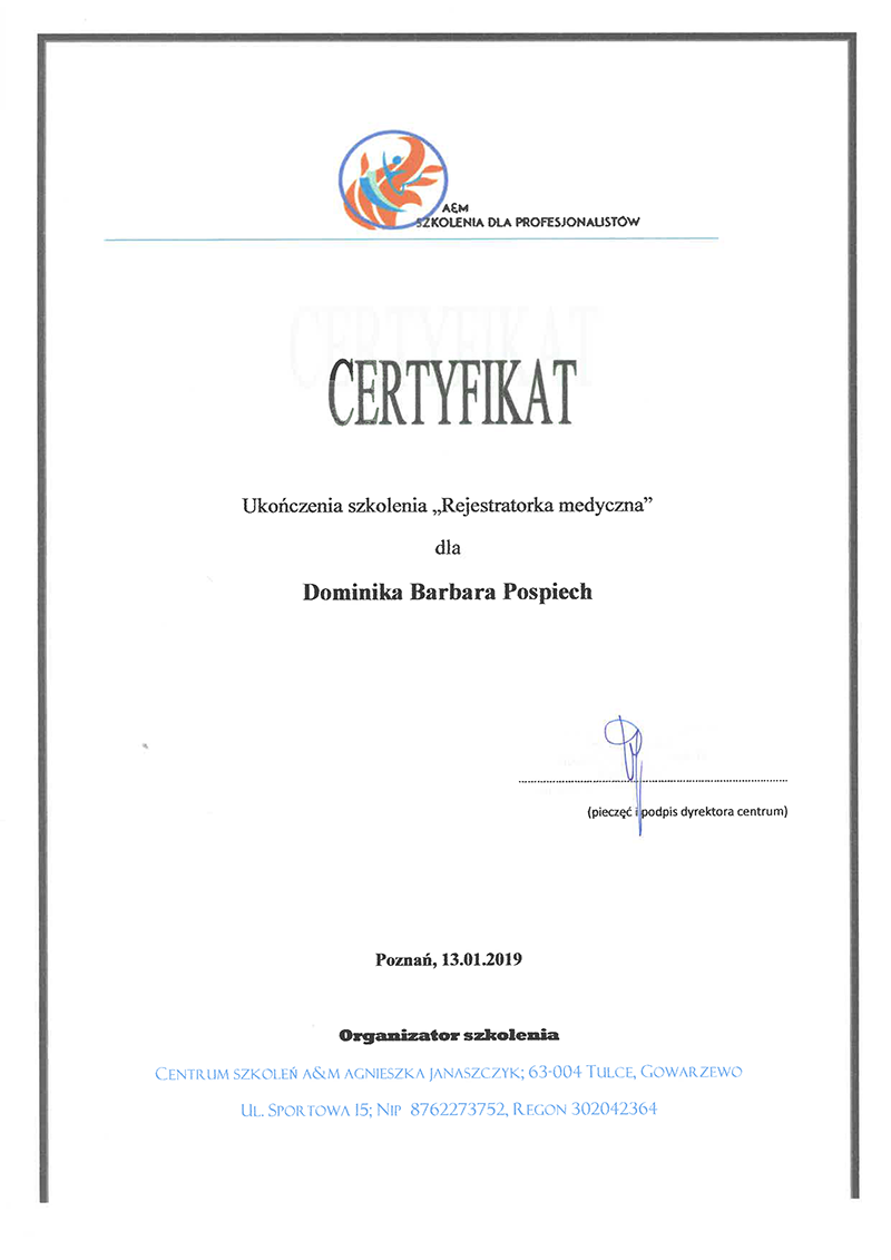 Dominika Pospiech - certyfikat