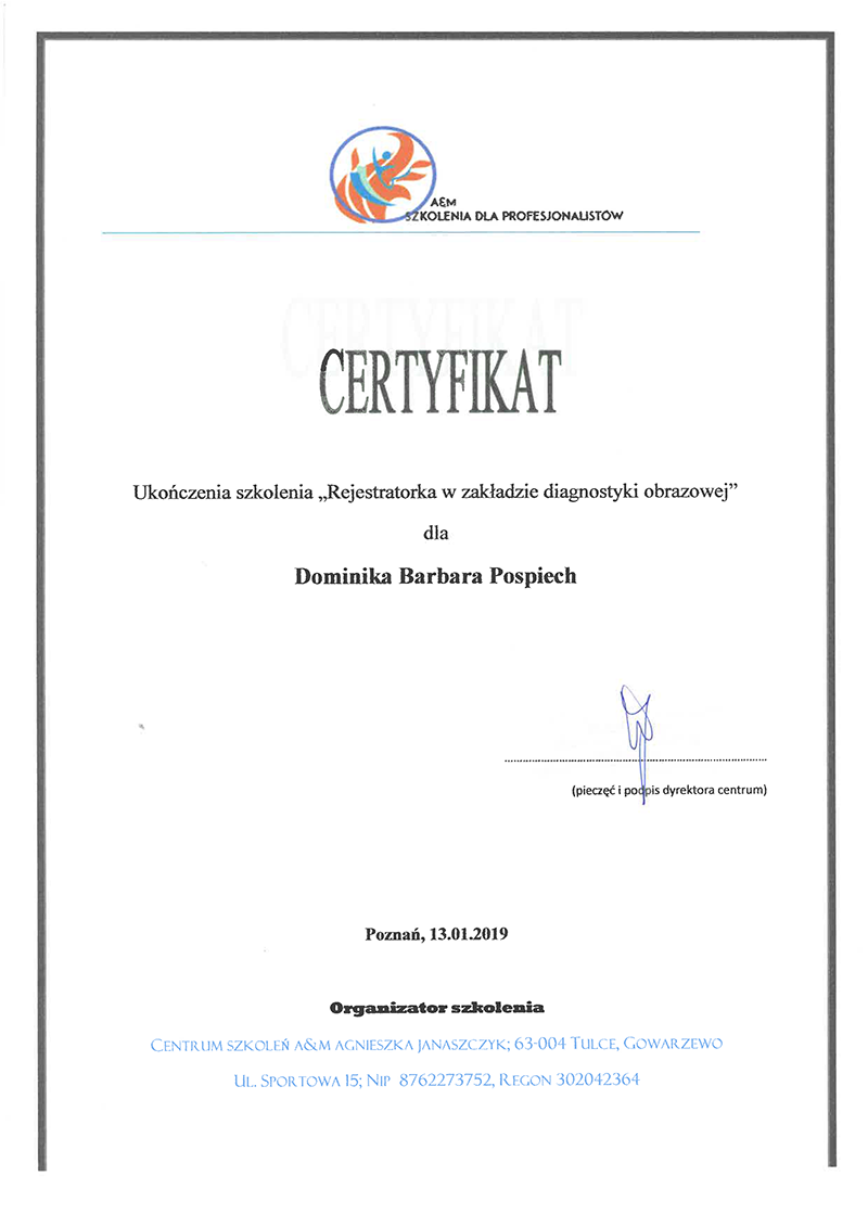 Dominika Pospiech - certyfikat