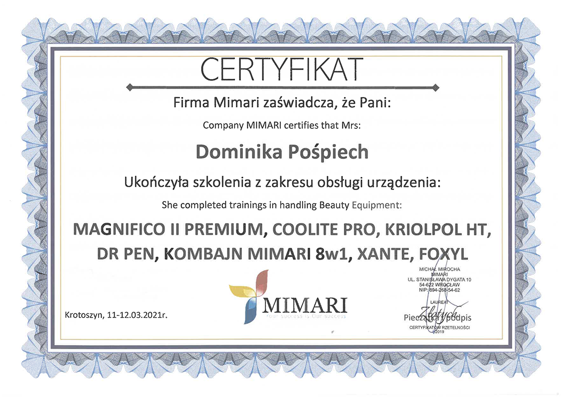 Dominika Pospiech - certyfikat