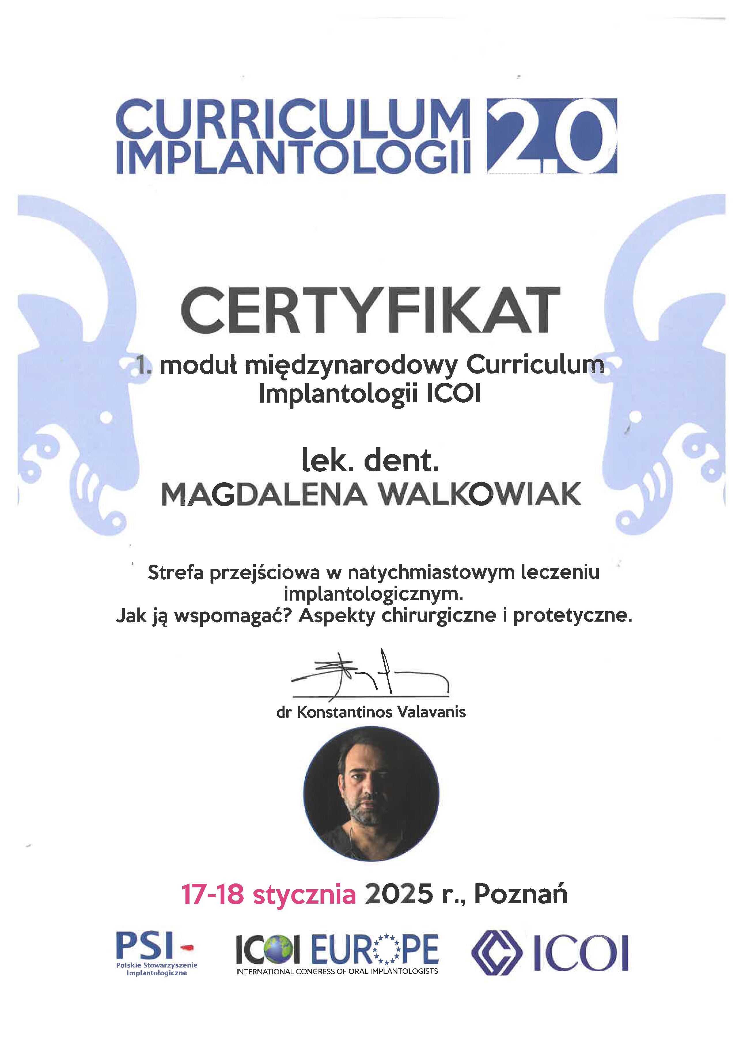 Magdalena Walkowiak - Cirriculum Implantologii 1 - certyfikat