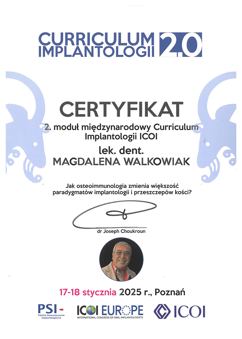 Magdalena Walkowiak - Cirriculum Implantologii 2 - certyfikat